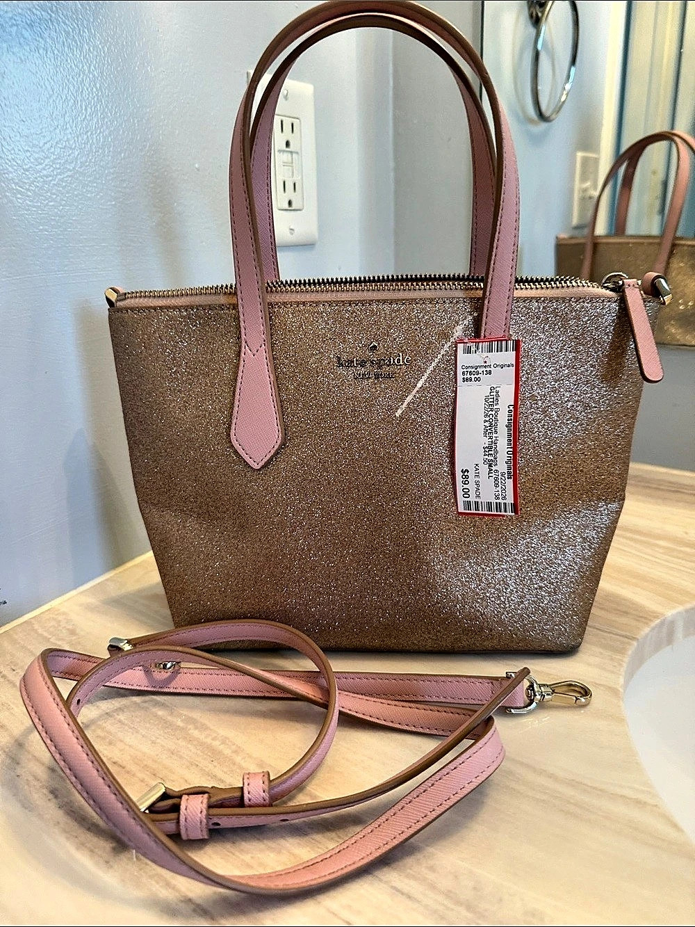 kate spade new york Margaux Satchel Glitter Tote in Brown & Pink like new